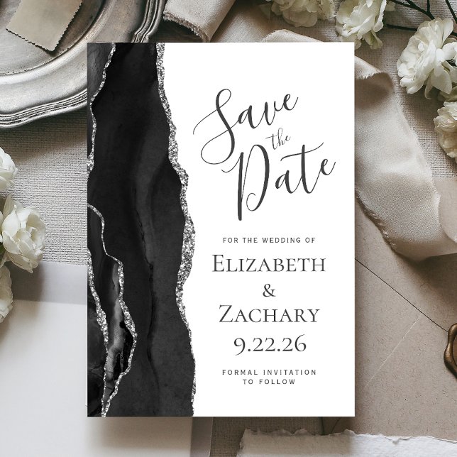 Modern Black Silver Agate Save the Date Card (Creator Uploaded)