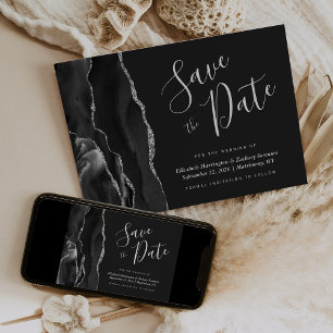 Modern Black Silver Agate Save the Date Card