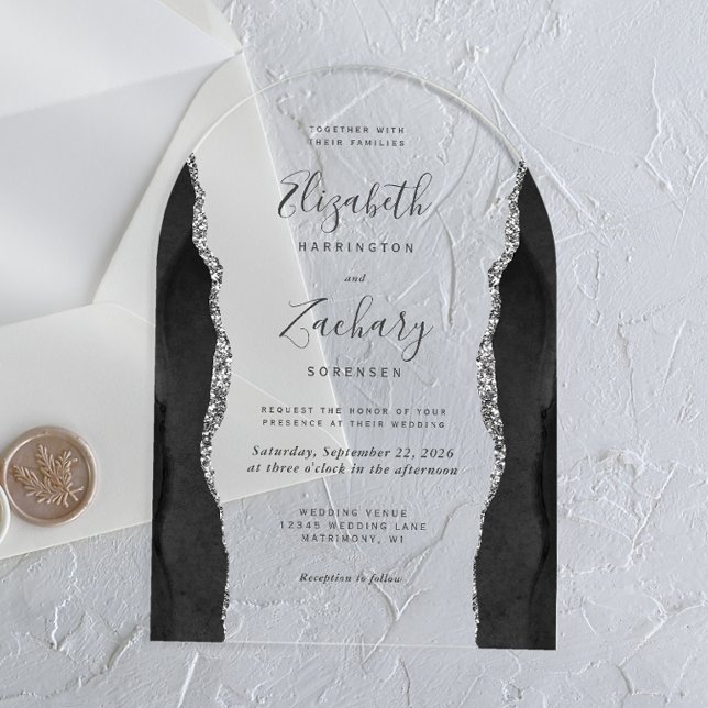 Modern Black Silver Agate Wedding Arch Acrylic Invitations (Creator Uploaded)