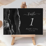 Modern Black Silver Agate Wedding Dark Table Number<br><div class="desc">The left-hand edge of this elegant modern wedding table number card features a black watercolor agate border trimmed with faux silver glitter. The customisable text combines silver grey handwriting,  and italic and copperplate fonts on a slate black background.</div>