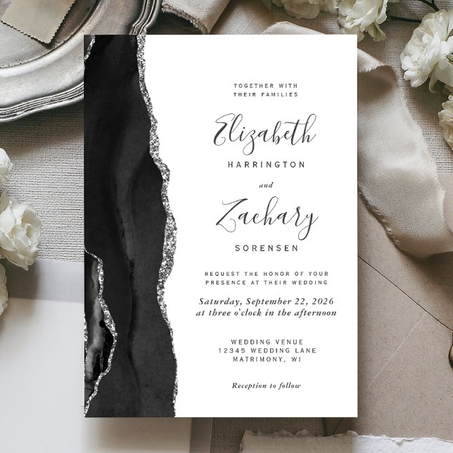 Modern Black Silver Agate Wedding Invitation (Creator Uploaded)