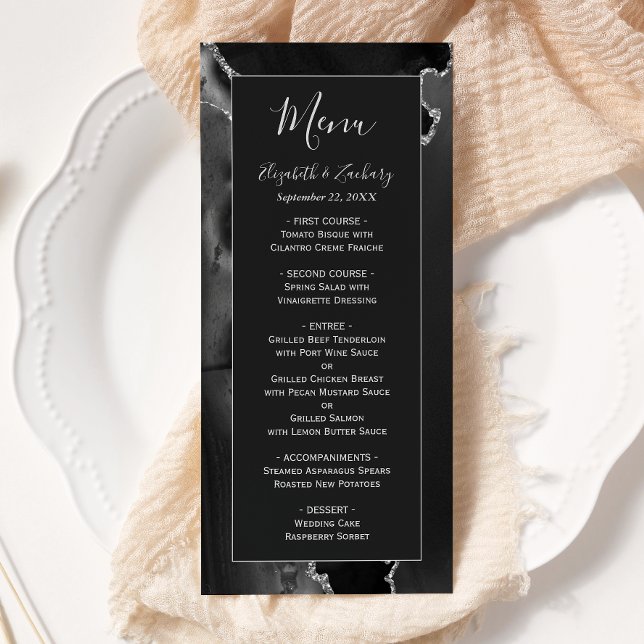 Modern Black Silver Agate Wedding Menu (Creator Uploaded)