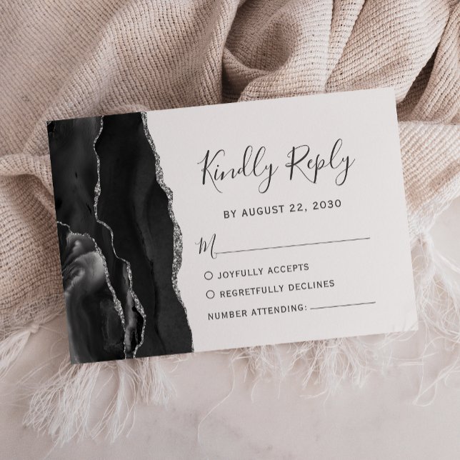 Modern Black Silver Agate Wedding RSVP Card (Creator Uploaded)