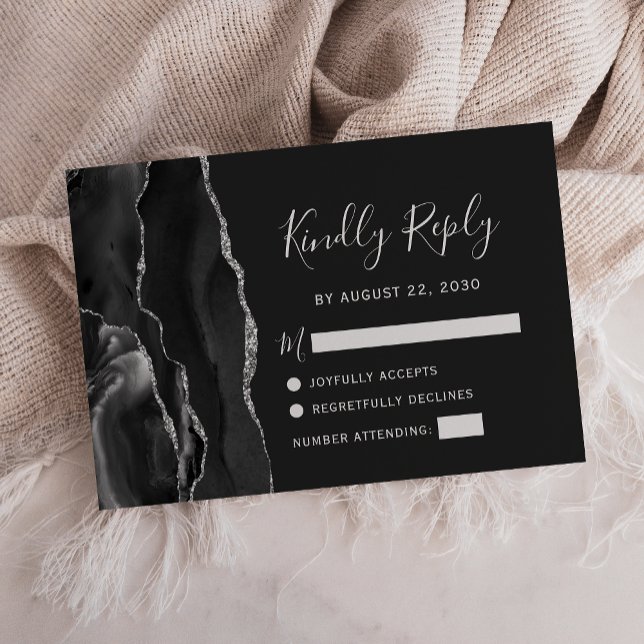 Modern Black Silver Agate Wedding RSVP Card (Creator Uploaded)