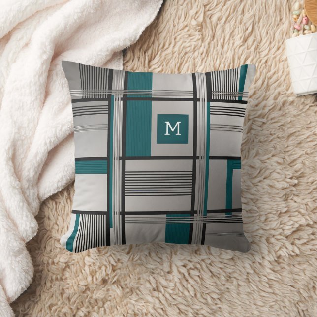 Modern Black Silver and Teal Grid Throw Pillow (Blanket)