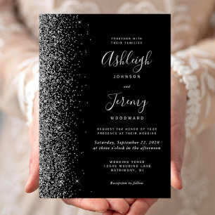 Modern Black Silver Faux Glitter Wedding Invitation