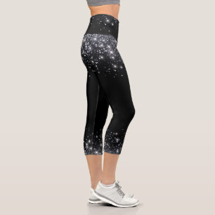  Modern Black & Silver Glitter  Capri Leggings