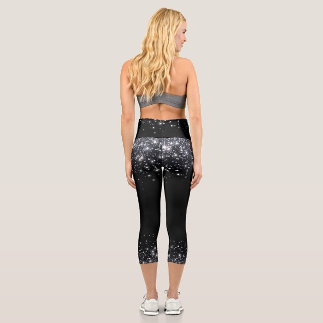  Modern Black & Silver Glitter  Capri Leggings (Back)