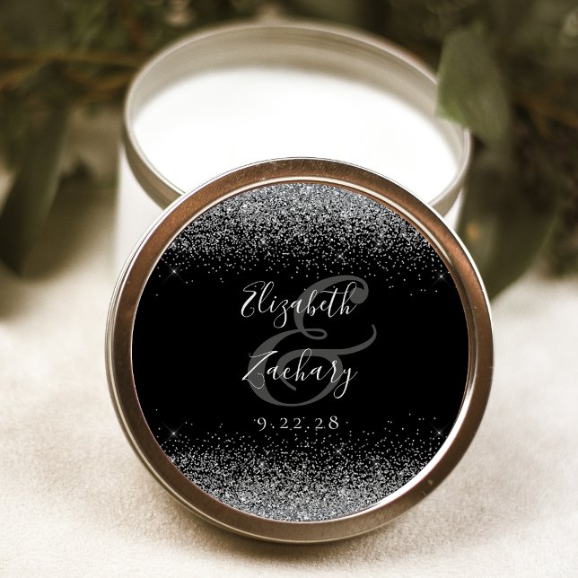 Modern Black Silver Glitter Edge Wedding Classic Round Sticker (Creator Uploaded)
