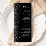 Modern Black Silver Glitter Edge Wedding Menu<br><div class="desc">The left-hand edge of this elegant modern wedding menu features a silver faux glitter design. The customisable text combines silver grey handwriting,  copperplate and italic fonts on a black background. The reverse side features a matching black and silver glitter design.</div>