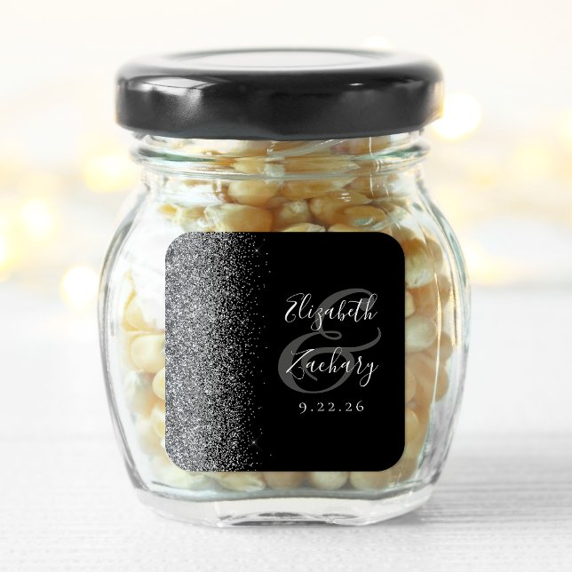 Modern Black Silver Glitter Edge Wedding Square Sticker (Creator Uploaded)