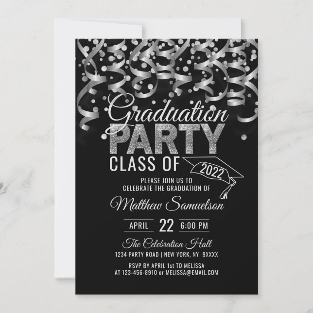 Modern Black Silver Glitter GRADUATION Party Invit Invitation (Front)