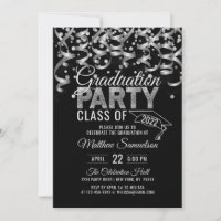 Modern Black Silver Glitter GRADUATION Party Invit