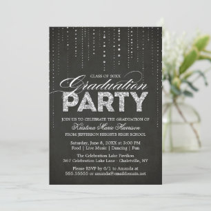 Modern Black & Silver Glitter Graduation Party Invitation