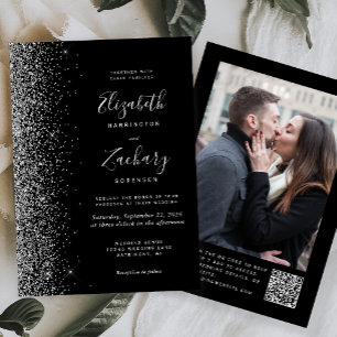 Modern Black Silver Glitter Photo QR Code Wedding Invitation