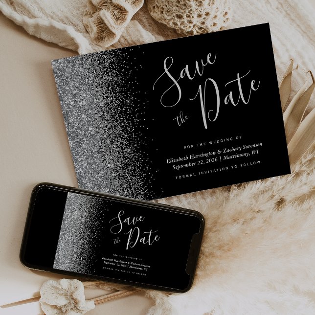 Modern Black Silver Glitter Save the Date Card (Creator Uploaded)
