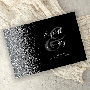 Modern Black Silver Glitter Script Wedding Guest Book
