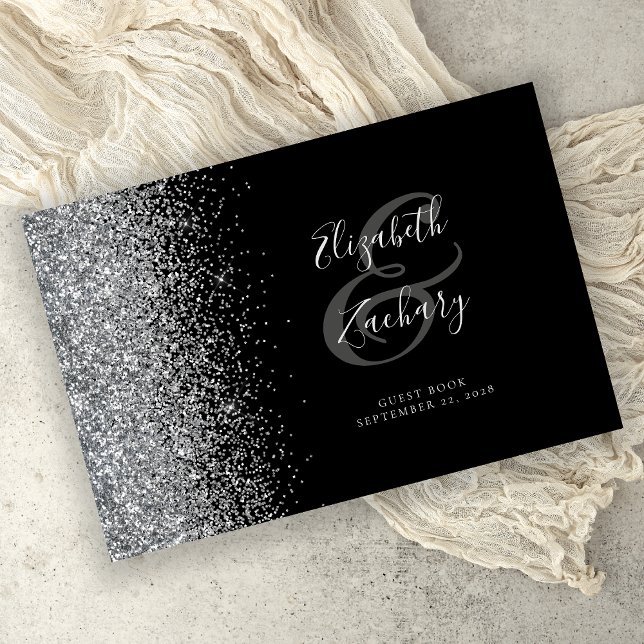 Modern Black Silver Glitter Script Wedding Guest Book (Creator Uploaded)