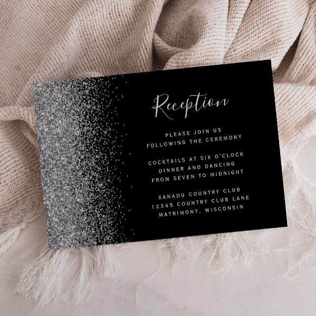 Modern Black Silver Glitter Wedding Reception Enclosure Card (Creator Uploaded)