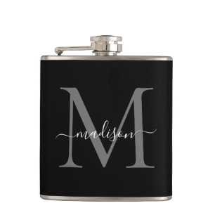 Modern Black Silver Grey Monogram Script Name Hip Flask