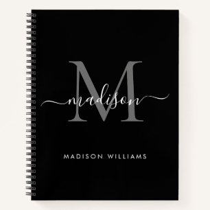 Modern Black Silver Grey Monogram Script Name Notebook