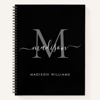 Modern Black Silver Grey Monogram Script Name Notebook