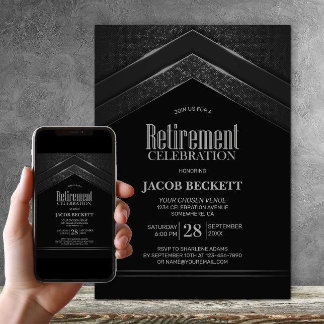 Modern Black Silver Retirement Party Invitation (Creator Uploaded)