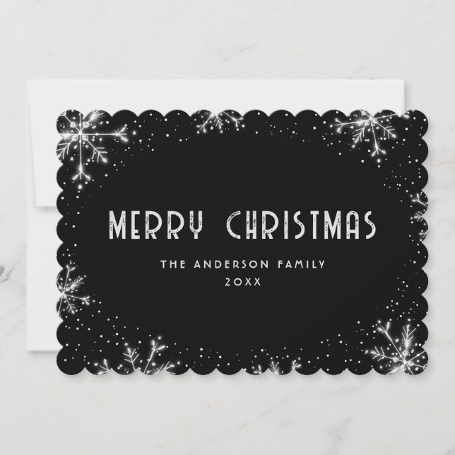 Modern Black Silver Snowflake Snow Christmas Card (Front)