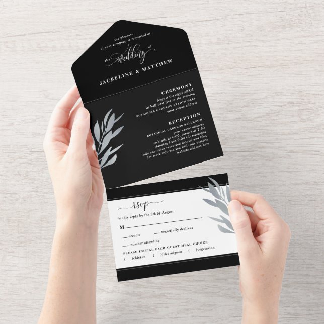 Modern Black & Silver Wedding with Perforated RSVP All In One Invitation (Tearaway)