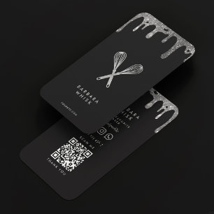 Modern Black Silver Whisk Bakery Chef Caterer Business Card