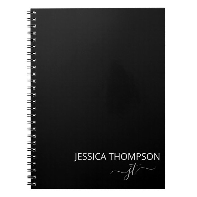 Modern Black Simple Script Girly Monogram Name Notebook (Front)