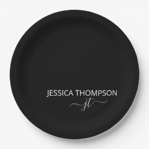 Modern Black Simple Script Girly Monogram Name Paper Plate