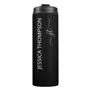 Modern Black Simple Script Girly Monogram Name  Thermal Tumbler