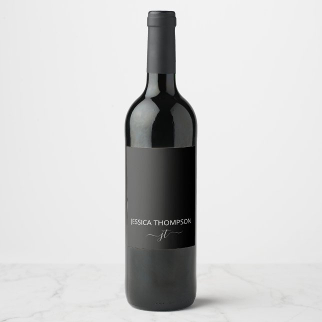 Modern Black Simple Script Girly Monogram Name  Wine Label (Front)