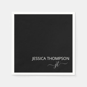 Modern Black Simple Script Monogram Name Cocktail Napkin
