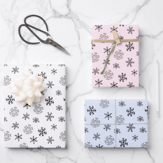Modern Black Snowflakes Blue Pink White Christmas Wrapping Paper Sheet (Front)