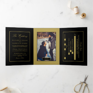 Modern Black & Soft Gold, Wedding Suite Tri-Fold Invitation