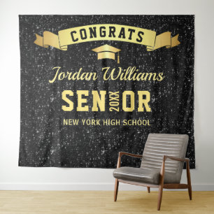 Modern Black Sparkle Graduation Photo Backdrop Tapestry