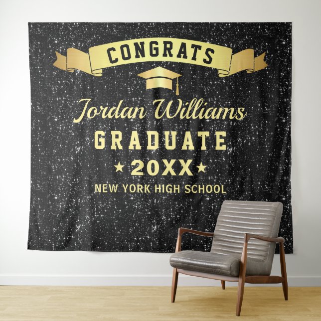 Modern Black Sparkle Graduation Photo Backdrop Tapestry (In Situ (Horizontal))