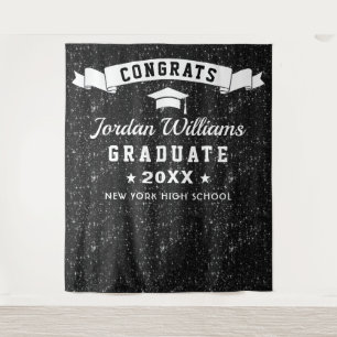 Modern Black Sparkle Graduation Photo Backdrop Tapestry