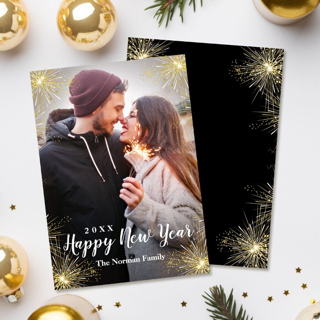 Modern Black Sparkler Happy New Year Photo Holiday Card (Creator Uploaded)