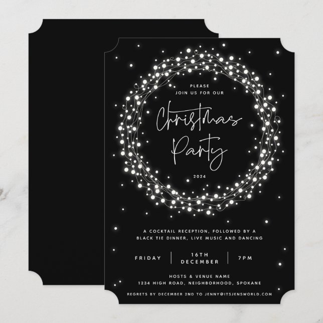 Modern Black Sparkling Lights Christmas Party Invitation (Front/Back)