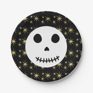 Modern Black Spooky Halloween Skull Paper Plate