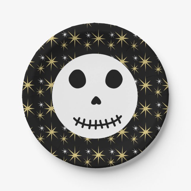 Modern Black Spooky Halloween Skull  Paper Plate (Front)