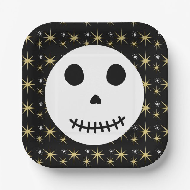 Modern Black Spooky Halloween Skull  Paper Plate (Front)