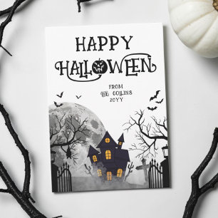Modern Black Spooky Haunted House Happy Halloween Holiday Card