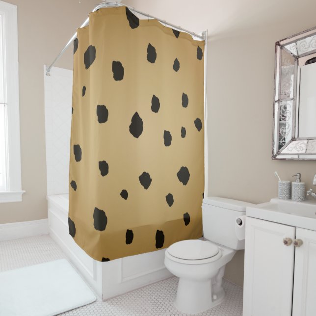 Modern Black Spot Goldenrod Gold Beige Tan Shower Curtain (In Situ)