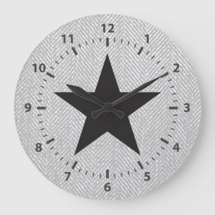 Modern Black Star Grey & White Herringbone Large Clock