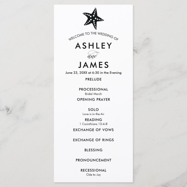 Modern Black Starfish Wedding Program for Ceremony (Front)