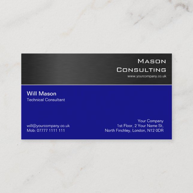 Modern Black Steel and Dark Blue Business Card (Front)